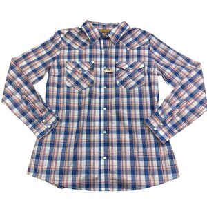 Wrangler Western Pearl Snap Lightweight Shirt Womens M Blue & Peach Plaid - New